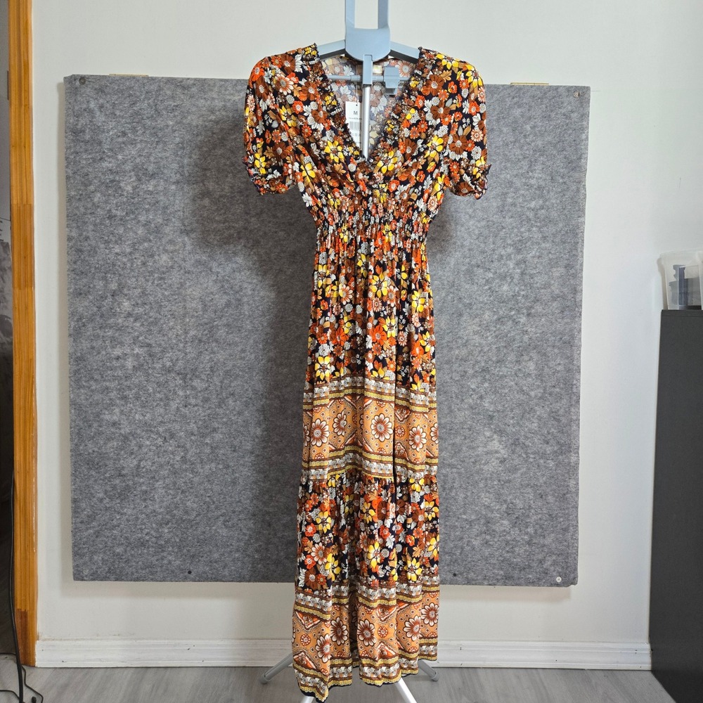 Seven Islands Womens Orange Floral Smocked Boho Maxi Dress M